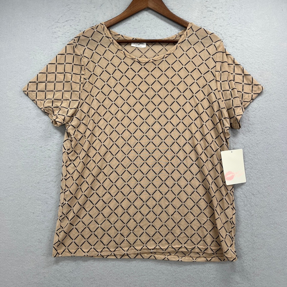 Free Kisses T Shirt Womens 2X Tan Lattice Velvet Flocked Rhinestone Mesh Sheer